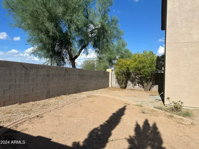 a view of a yard with plants and trees