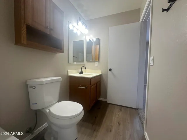 a bathroom with a sink a toilet and a large mirror