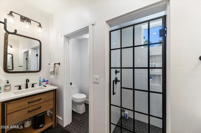 a bathroom with a toilet sink and mirror