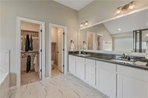 a large bathroom with a double vanity sink shower and a mirror