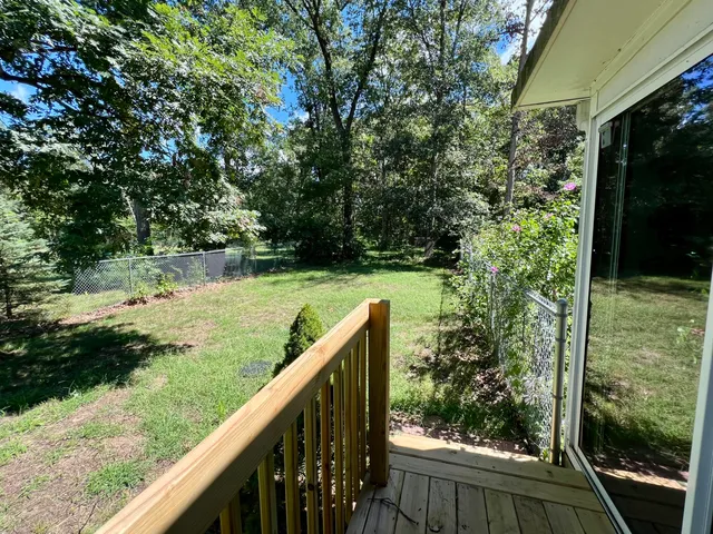 a backyard of a house with lots of plants and tree