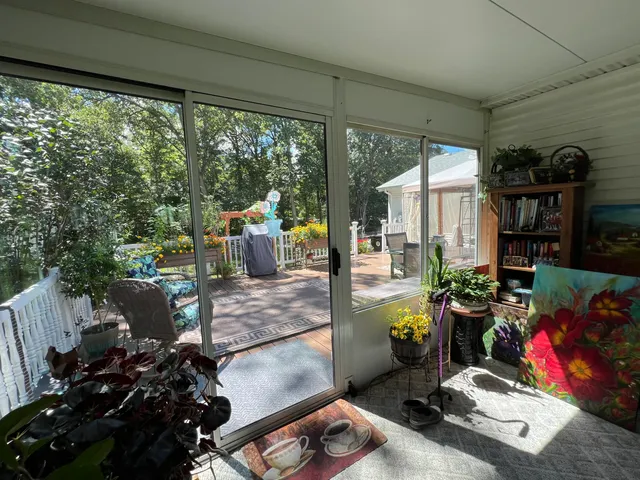 a view of a backyard with potted plants and large tree