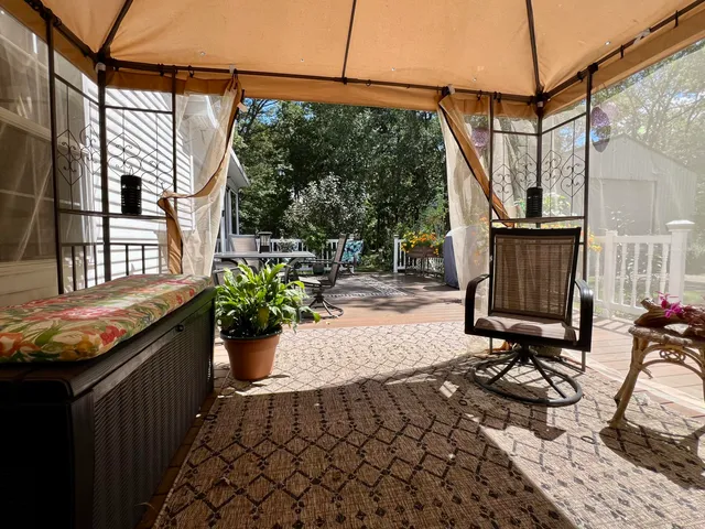 a view of flower in a yard with potted plants and large trees