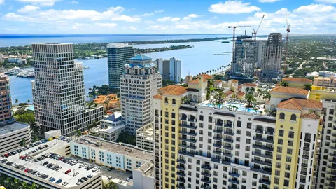 a city view with tall buildings