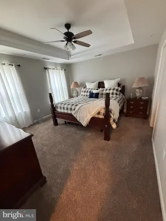 a bed room with a bed and a ceiling fan