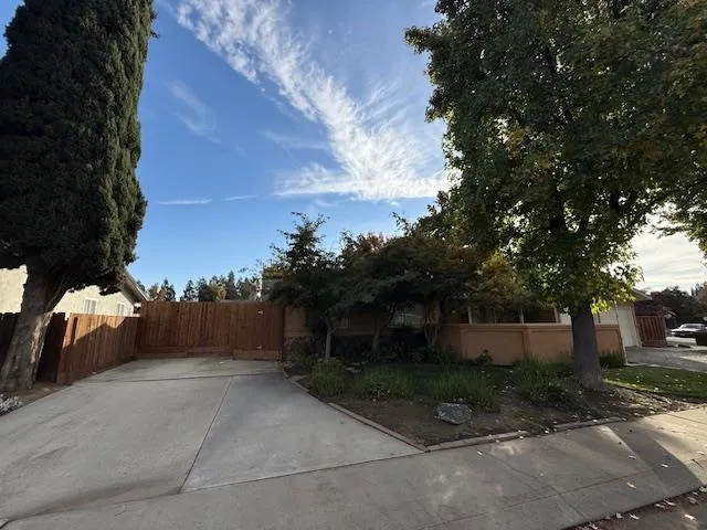 a view of a backyard with table and chairs potted plants and large tree