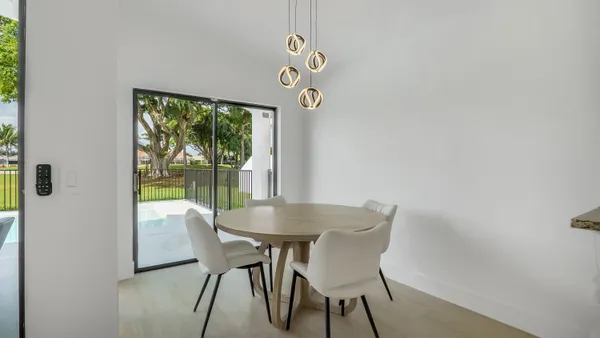 a view of a dining room with furniture window and outside view