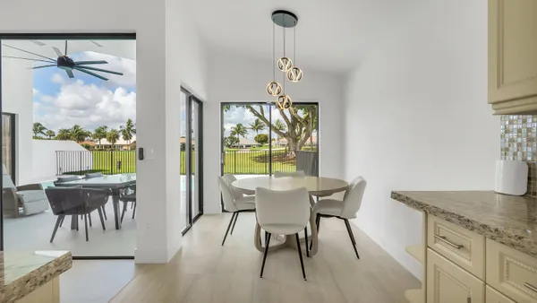 a view of a dining room with furniture window and outside view