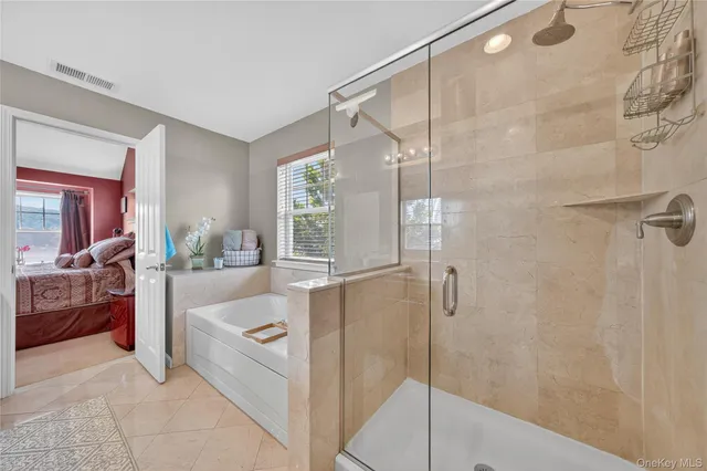 a bathroom with a bathtub and a shower