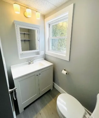 a bathroom with a toilet sink and mirror