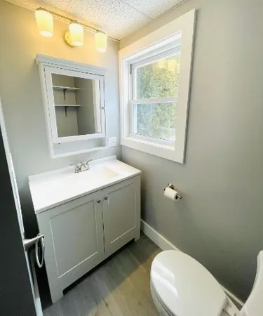 a bathroom with a toilet sink and mirror
