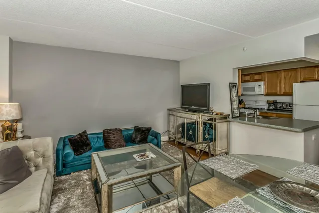 a view of a dining room with furniture