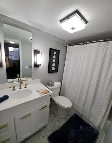 a bathroom with a sink toilet and mirror