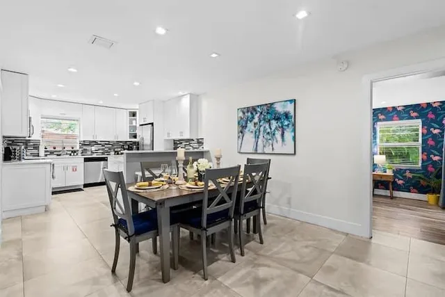 a view of a dining room with furniture