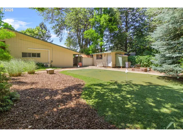 a backyard of a house with plants and large trees