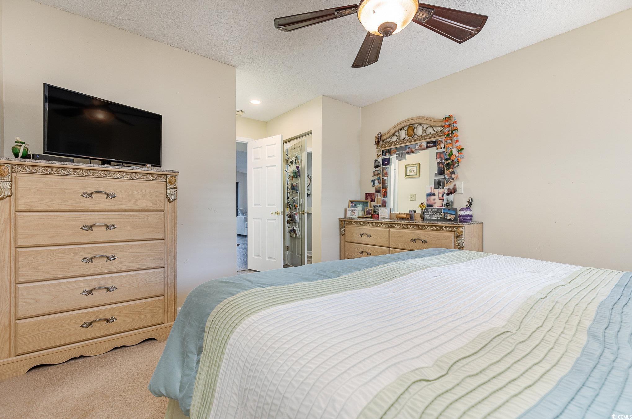 1101 Possum Trot Road, Unit B203 North Myrtle Beach, SC 29582 - Photo 19 of 37 Carpeted bedroom featuring ceiling fan and a textu