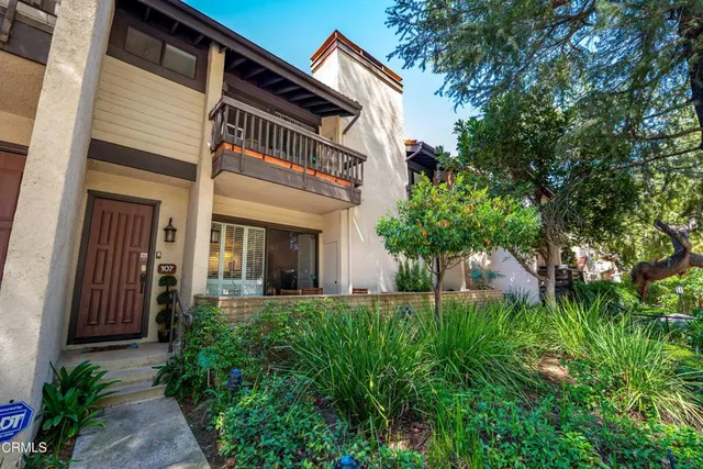 a view of a house with potted plants and a tree