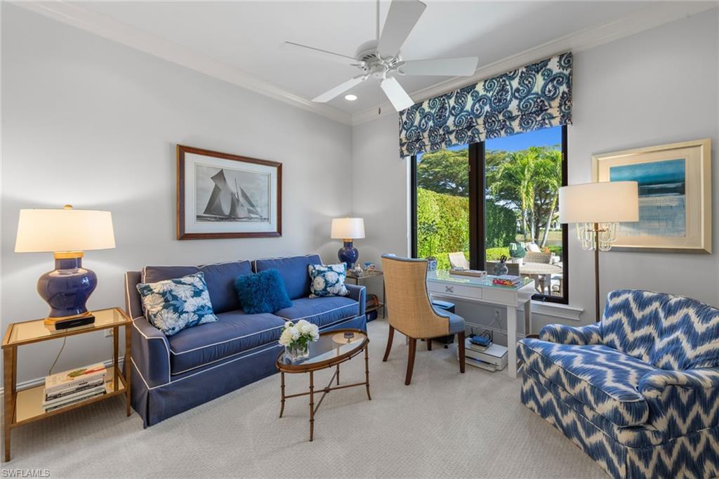 4170 Cortland Way Naples, FL 34119 - Photo 25 of 41 Home office with crown molding, recessed lighting, a ceiling fan, and carpet