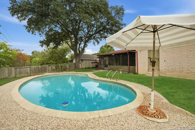 a view of a swimming pool with a backyard