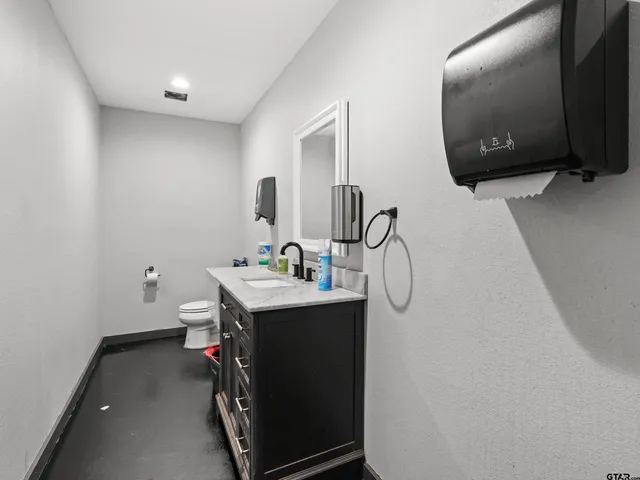 a bathroom with a sink toilet and mirror