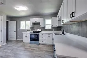 a kitchen with a stove a sink and a refrigerator