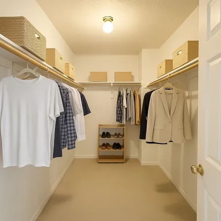 a view of walk in closet with clothes and shoes