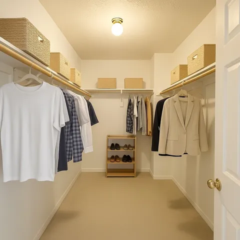 a view of walk in closet with clothes and shoes