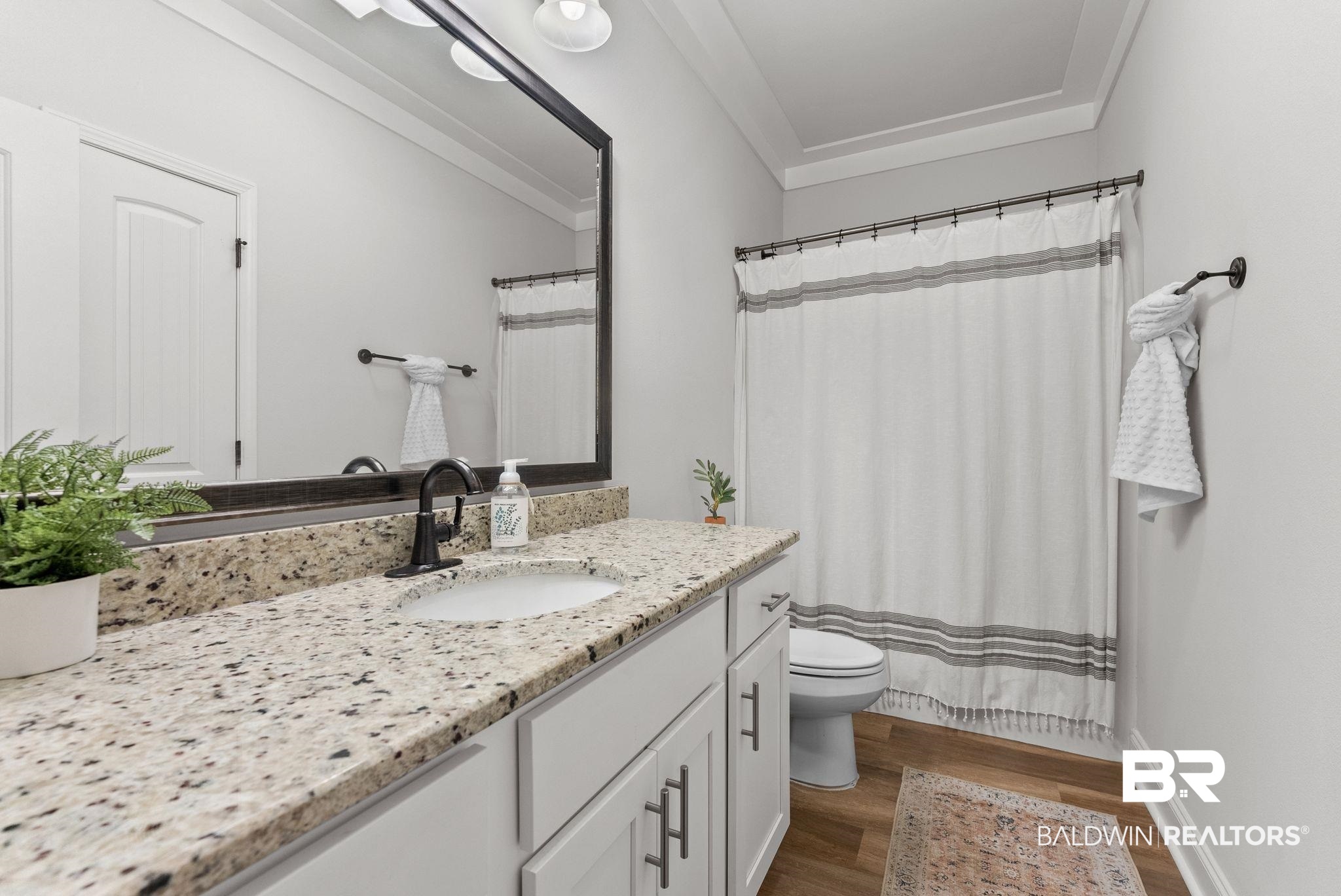 10745 Brodick Loop Daphne, AL 36527 - Photo 15 of 39 Bathroom with a shower with shower curtain, vanity, dark wood-style flooring, and ornamental molding
