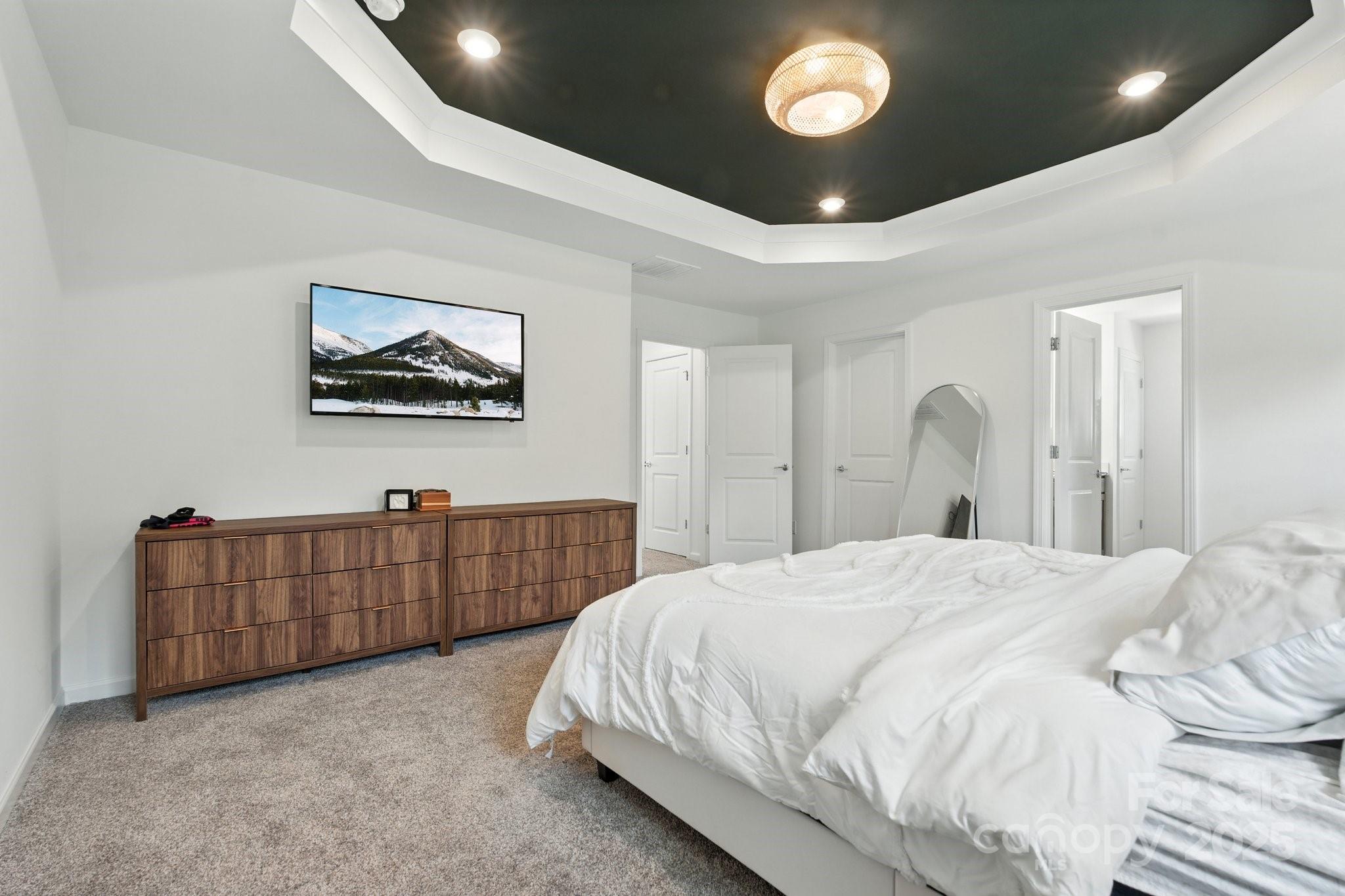 13156 Rover Street Charlotte, NC 28273 - Photo 23 of 37 a spacious bedroom with a bed and a chandelier