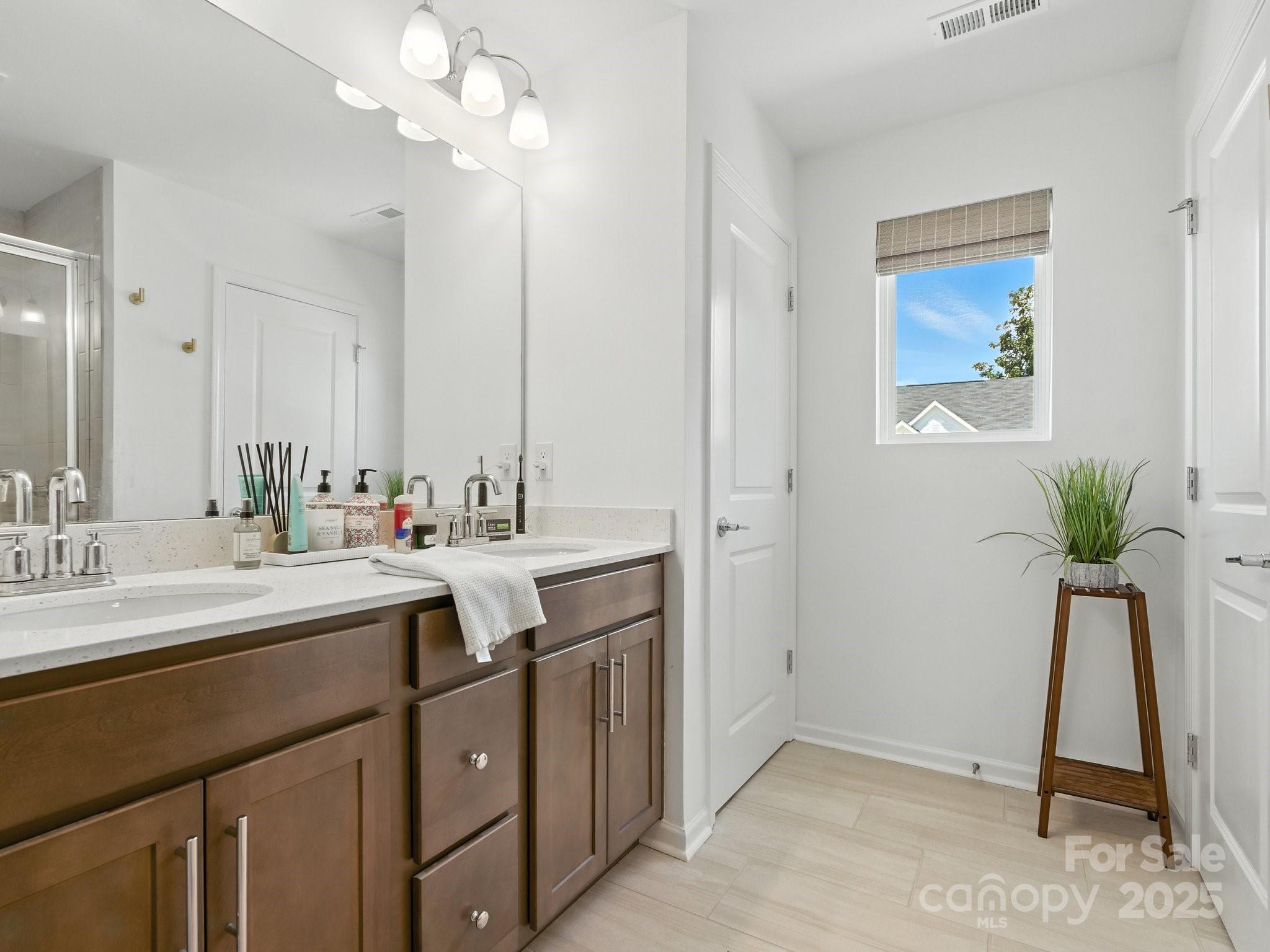 13156 Rover Street Charlotte, NC 28273 - Photo 24 of 37 a bathroom with a sink a mirror and a potted plant