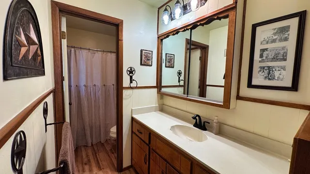 a bathroom with a sink a mirror and a shower