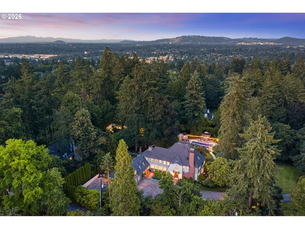 an aerial view of residential houses with outdoor space and trees