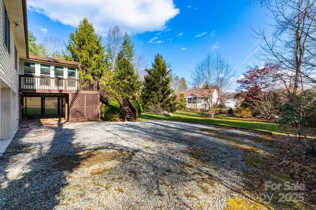 a view of a yard with plants and trees
