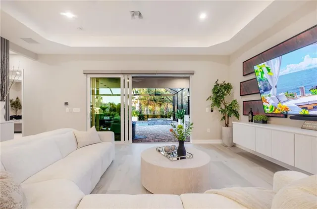 a living room with furniture and a potted plant