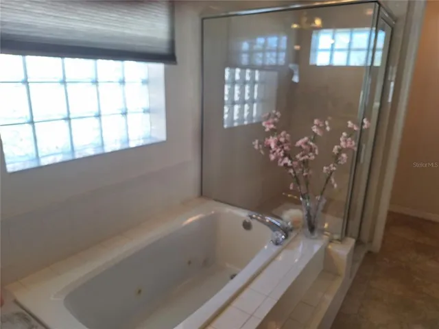 a bathroom with a bathtub and shower