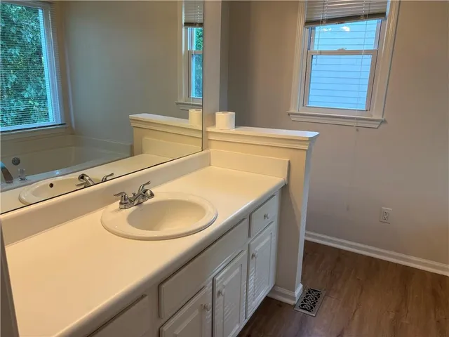 a bathroom with a sink and a mirror