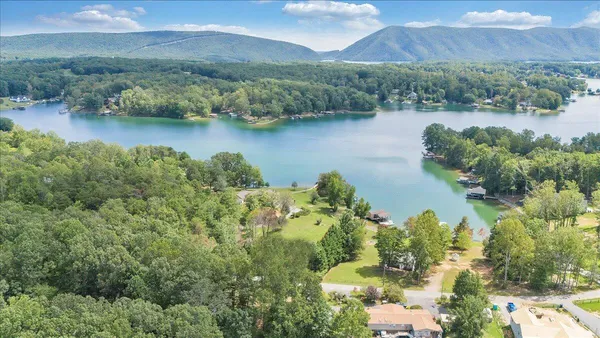 an aerial view of a houses with a lake view