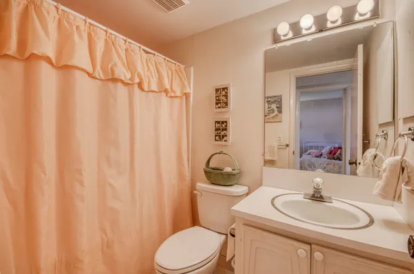 a bathroom with a sink a toilet a mirror and shower curtain