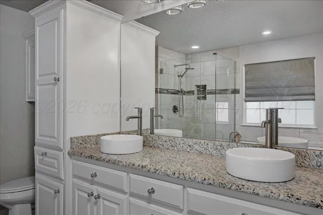 a bathroom with a granite countertop sink a toilet and shower