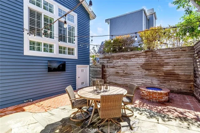 a backyard of a house with table and chairs