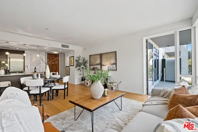 a living room with furniture potted plant and a table