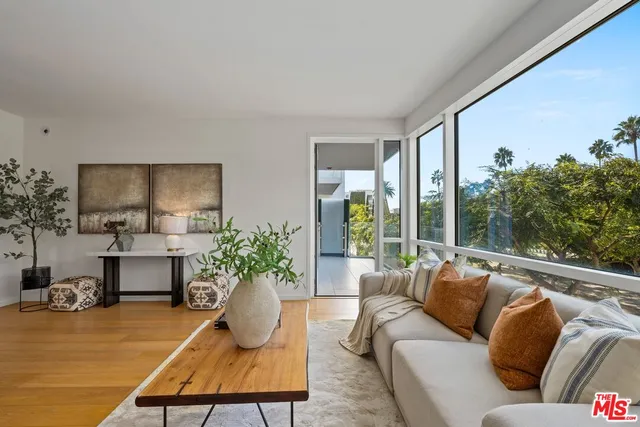 a living room with furniture potted plant and a large window