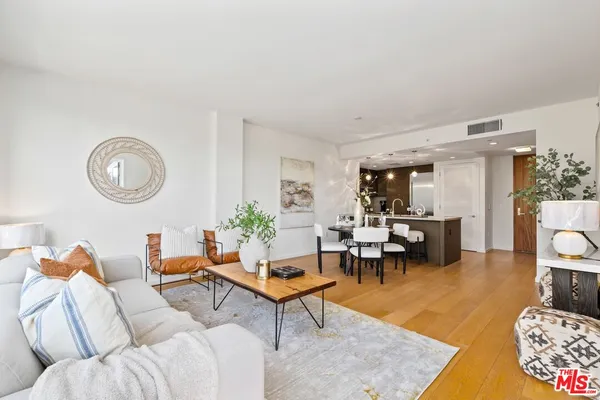 a living room with furniture a rug potted plant and a window