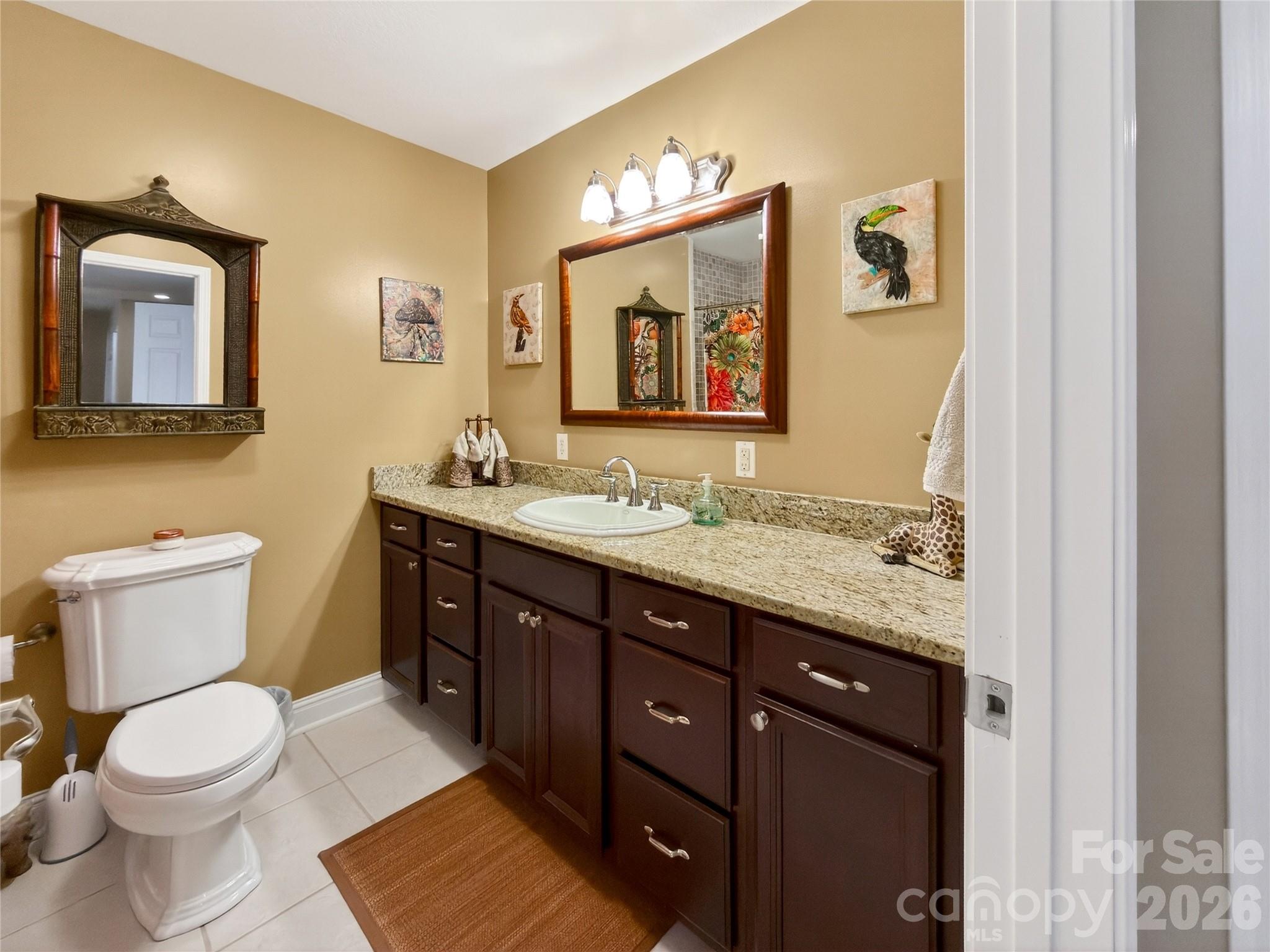 3275 Hanging Rock Road Spruce Pine, NC 28777 - Photo 33 of 48 a bathroom with a granite countertop toilet a sink and a mirror