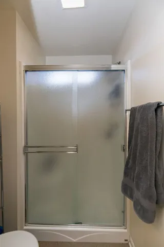 a bathroom with a shower and a toilet