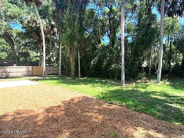 a view of a backyard with large trees