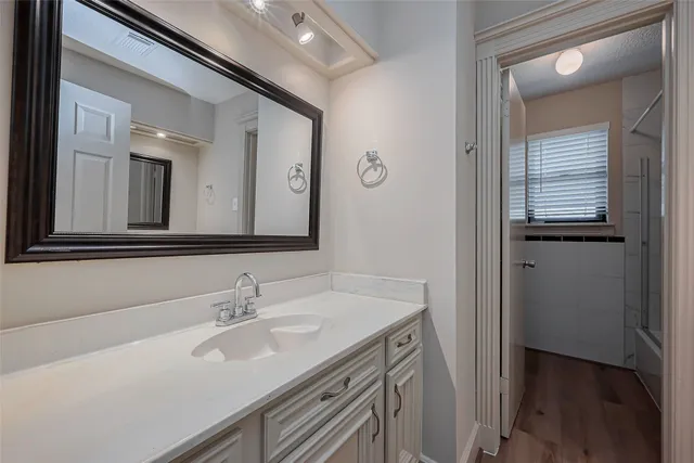 a bathroom with a sink and a mirror