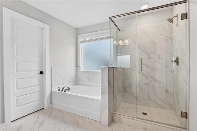 a bathroom with a shower and a bath tub