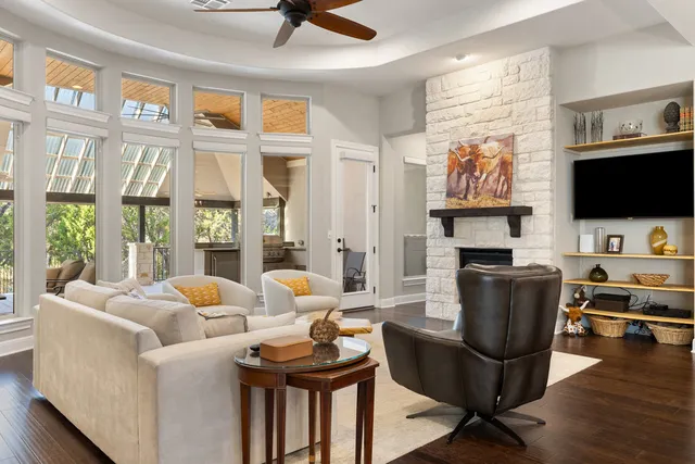 a living room with fireplace furniture and a flat screen tv