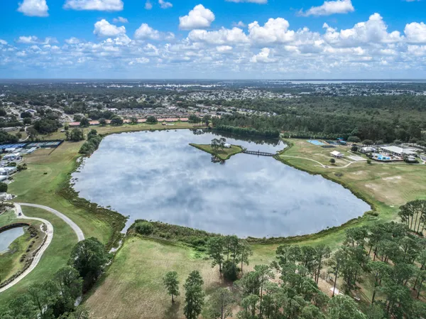 a view of a lake in middle of the town